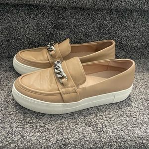 J/SLIDES beige slip on loafers with silver chain detail